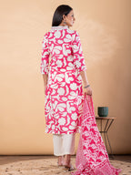 Pure Cotton Pink & White Floral 3-Piece Kurti Set