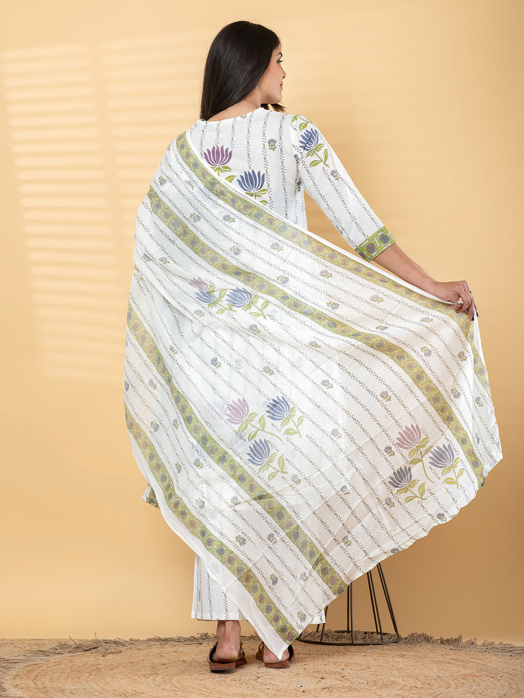 Pure Cotton Cream & Parrot Green Floral 3-Piece Kurta Set