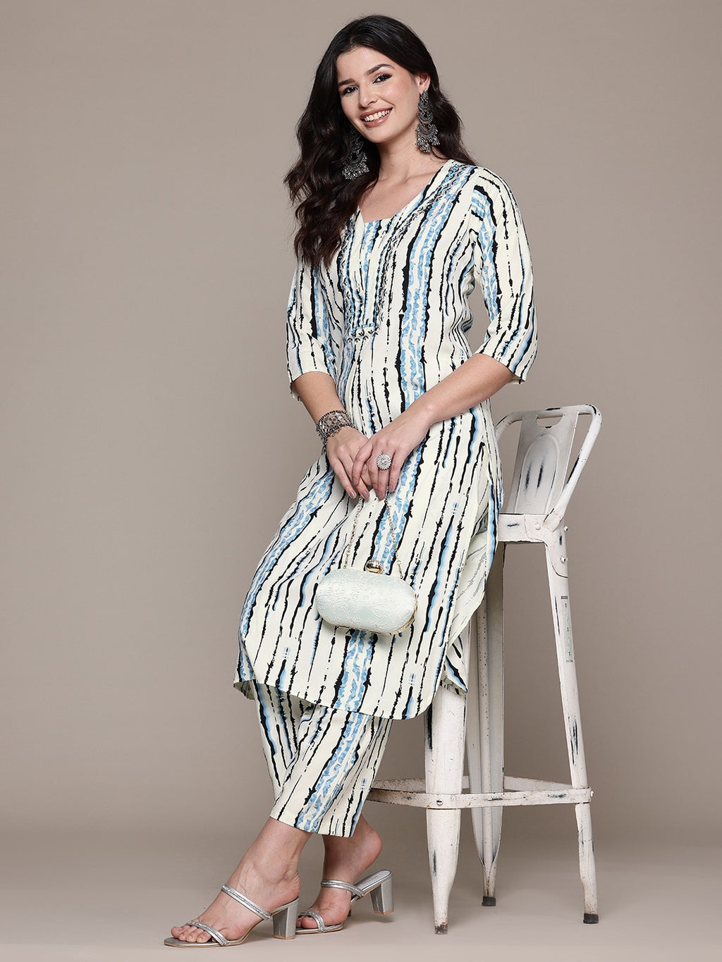 Pure Cotton Blue & Cream Abstract Stripe 2-Piece Kurti Set