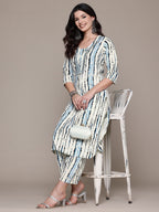 Pure Cotton Blue & Cream Abstract Stripe 2-Piece Kurti Set