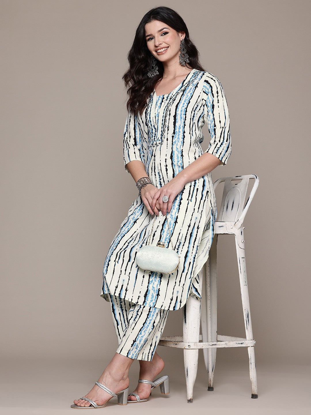Pure Cotton Blue & Cream Abstract Stripe 2-Piece Kurti Set