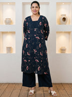 Pure Cotton Navy Blue Floral Vine Kantha-Inspired Print 3-Piece Kurti Set