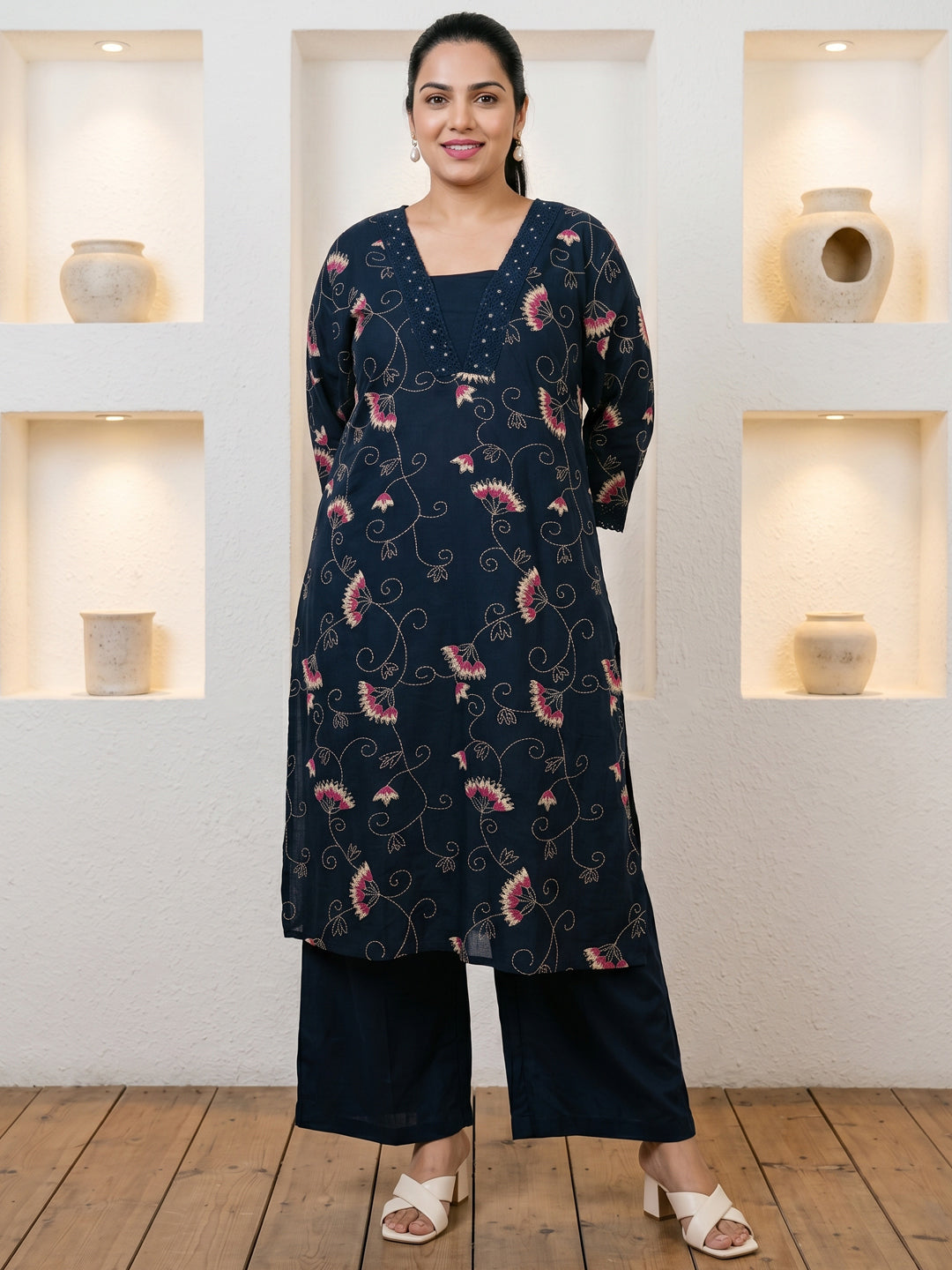 Pure Cotton Navy Blue Floral Vine Kantha-Inspired Print 3-Piece Kurti Set