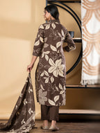 Pure Cotton Coffee & White Floral 3-Piece Kurti Set