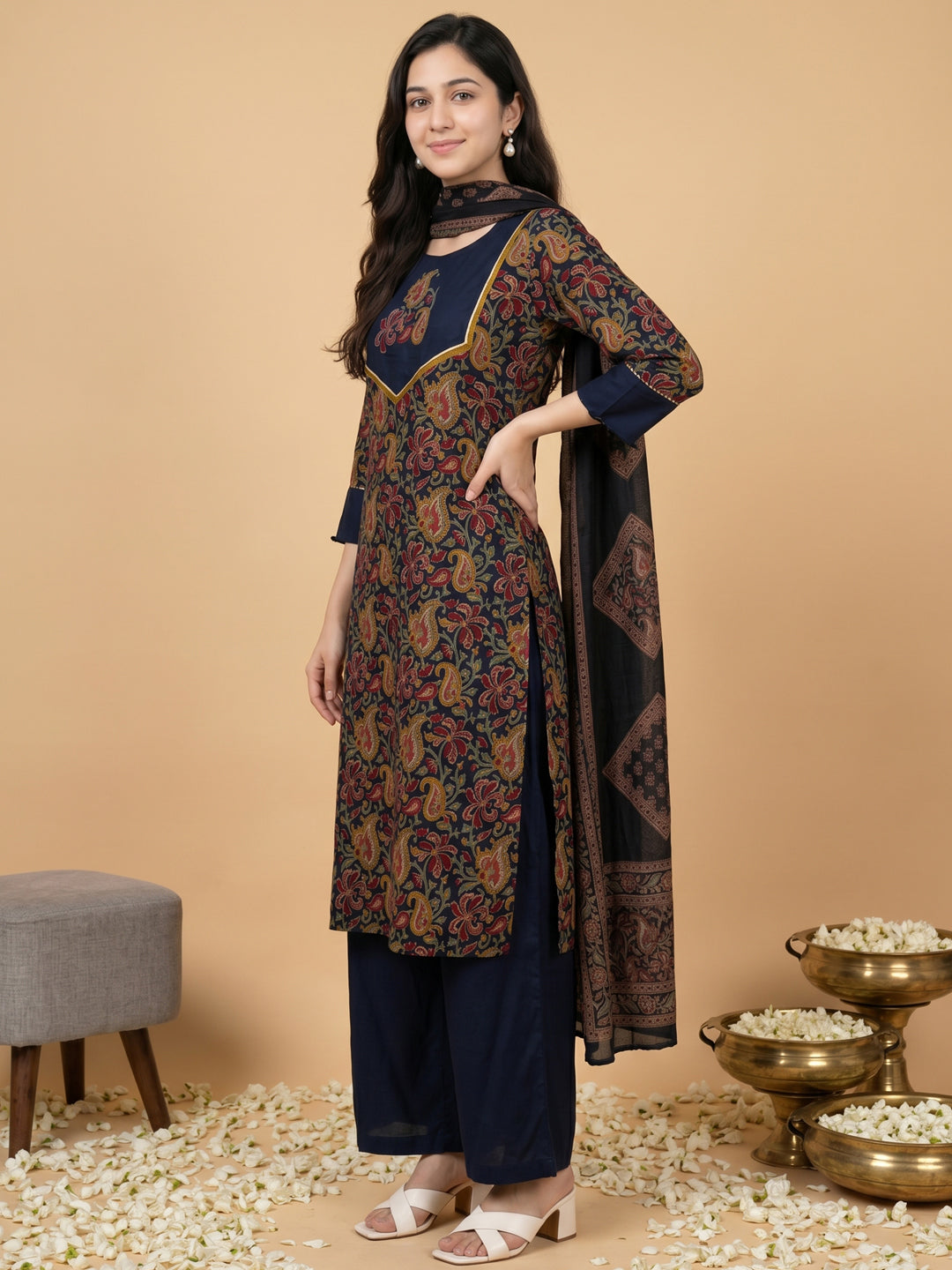 Pure Cotton Navy Blue Kalamkari 3-Piece Kurti Set with Palazzo
