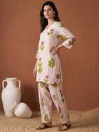 Pure Cotton Cream & Pink Floral 2-Piece Kurta Set