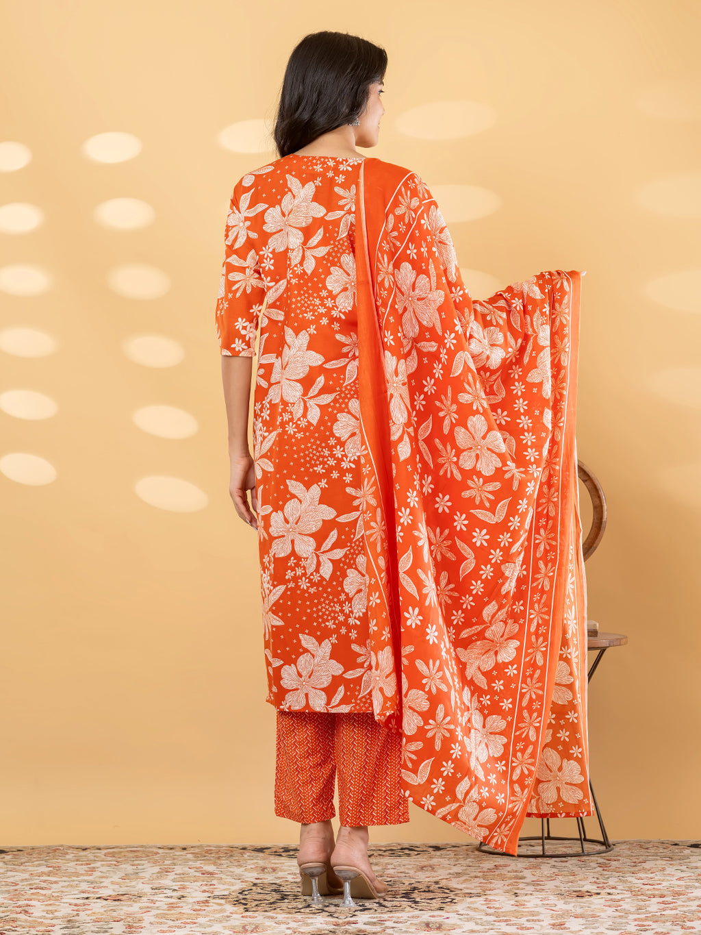Pure Cotton Burnt Orange Floral 3-Piece Kurti Set