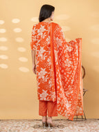 Pure Cotton Burnt Orange Floral 3-Piece Kurti Set