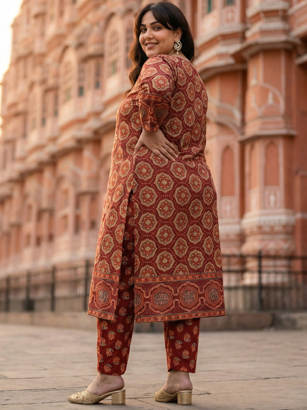 Pure Cotton Rust & Cream Ajrak 3-Piece Kurti Set