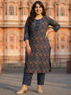 Pure Cotton Kalamkari 3-Piece Kurti Set – Blue, Green & Red