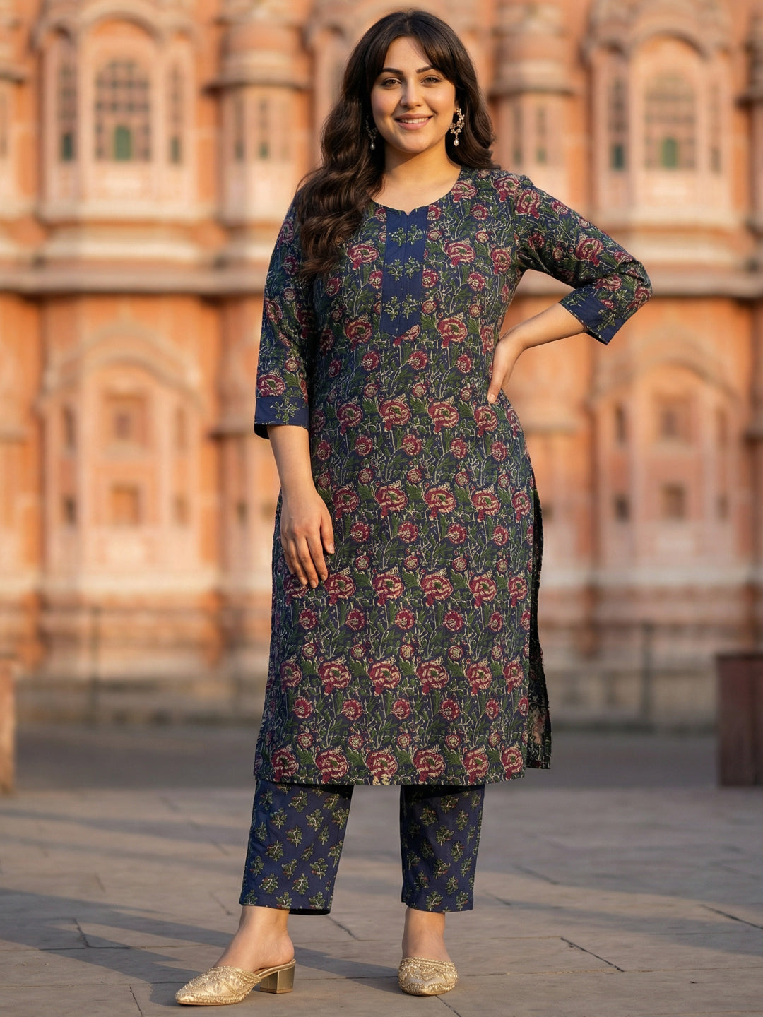 Pure Cotton Kalamkari 3-Piece Kurti Set – Blue, Green & Red