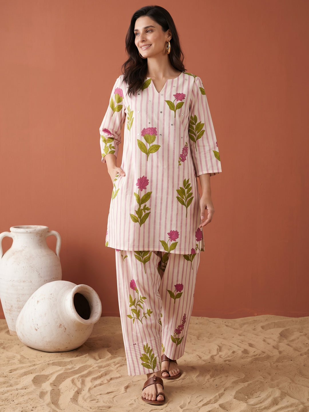 Pure Cotton Cream & Pink Floral 2-Piece Kurta Set