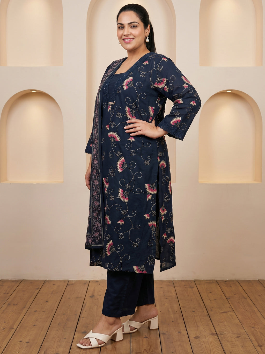 Pure Cotton Navy Blue Floral Vine Kantha-Inspired Print 3-Piece Kurti Set