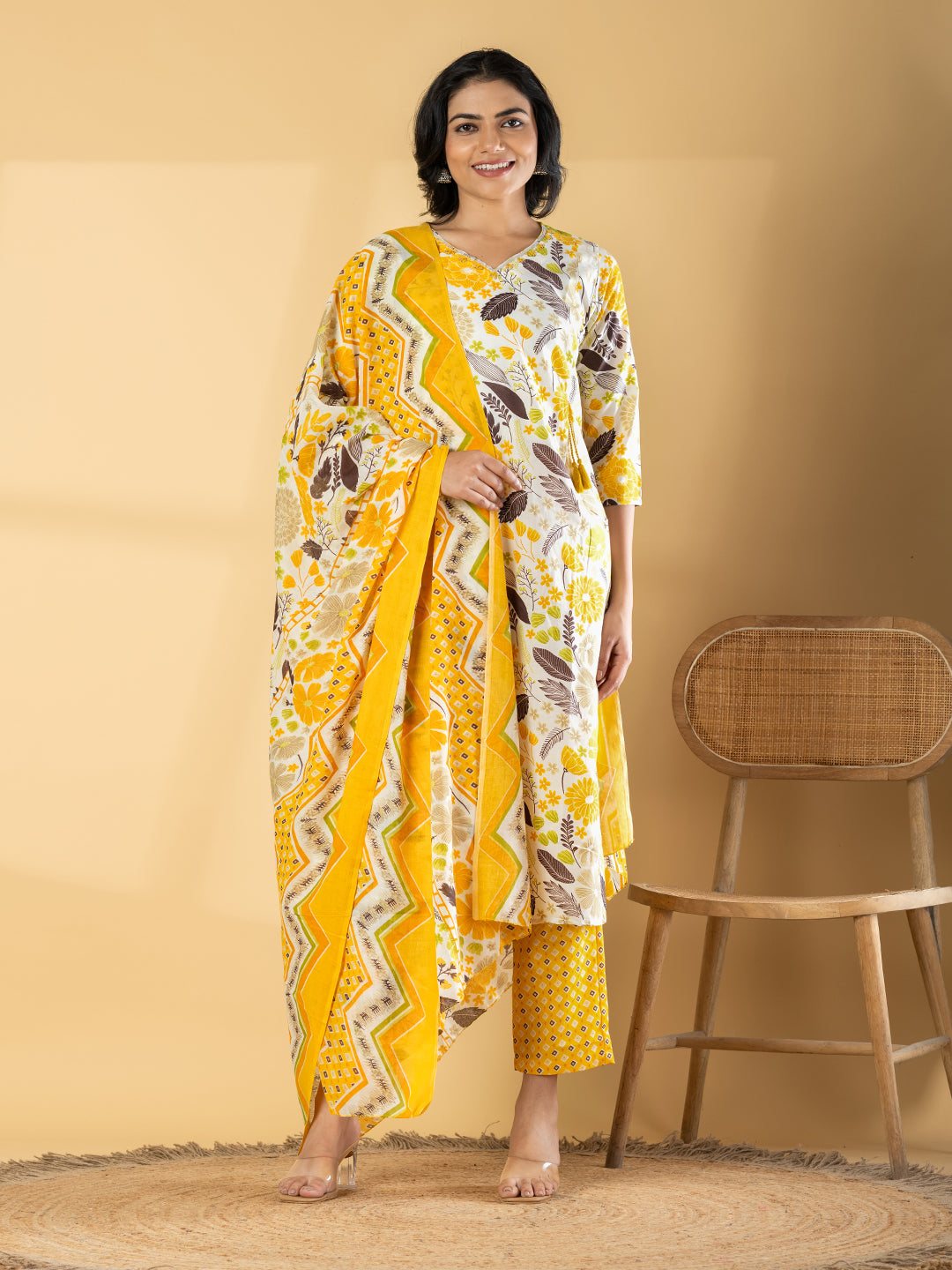 Pure Cotton Cream & Mustard Floral 3-Piece Kurti Set