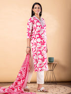 Pure Cotton Pink & White Floral 3-Piece Kurti Set
