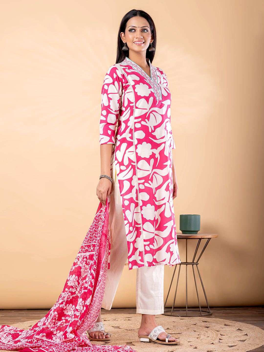 Pure Cotton Pink & White Floral 3-Piece Kurti Set