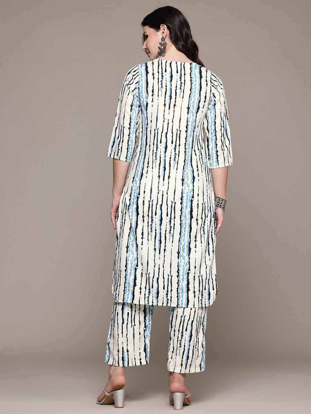 Pure Cotton Blue & Cream Abstract Stripe 2-Piece Kurti Set