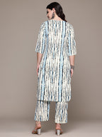 Pure Cotton Blue & Cream Abstract Stripe 2-Piece Kurti Set