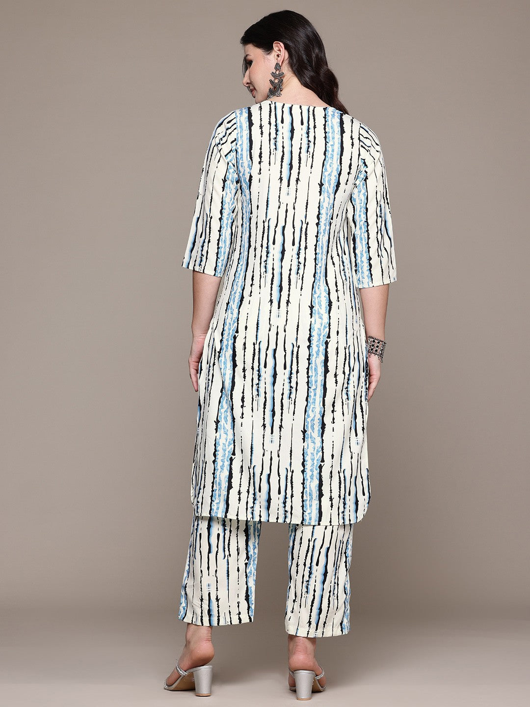 Pure Cotton Blue & Cream Abstract Stripe 2-Piece Kurti Set