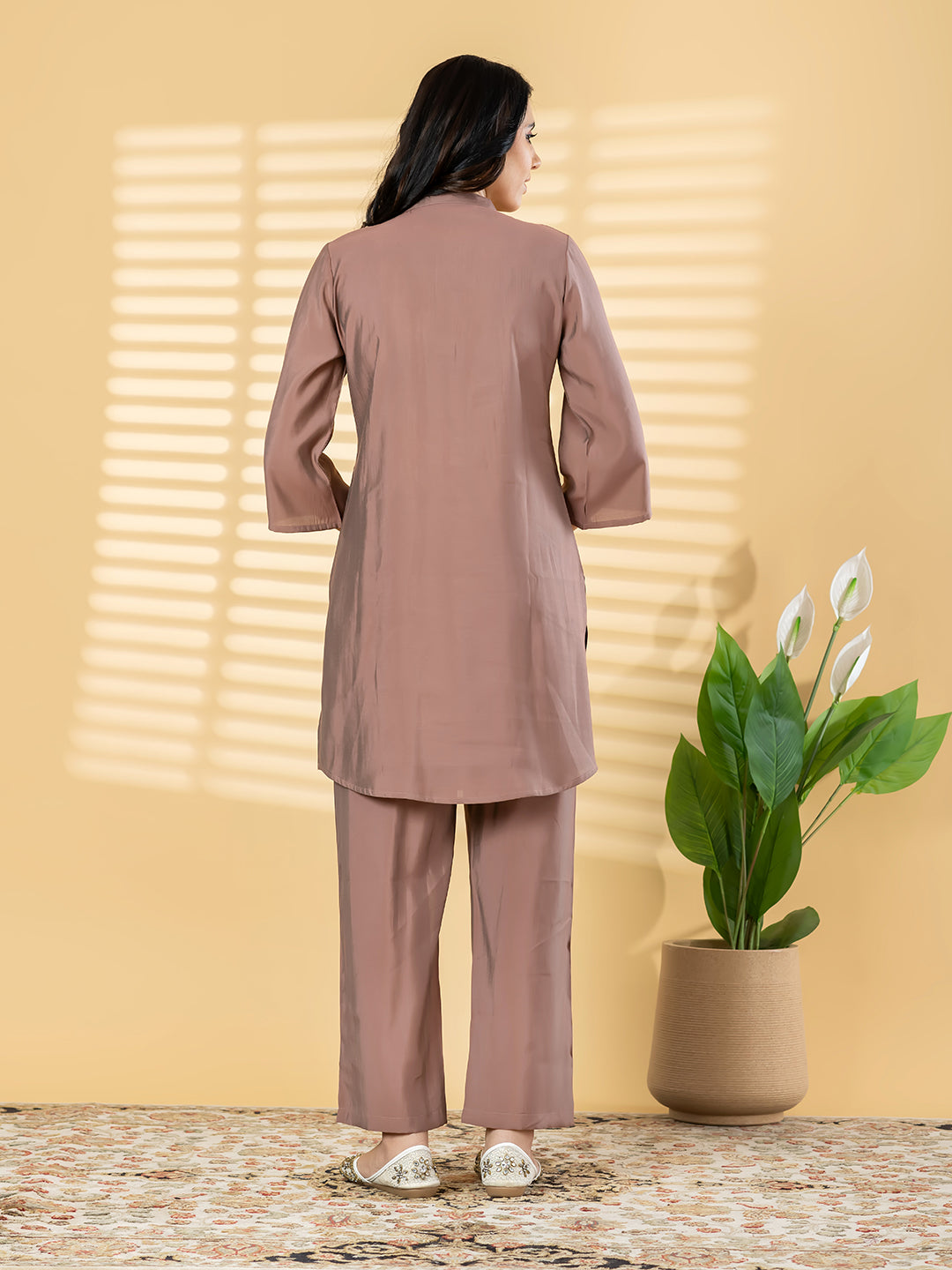 Premium Roman Silk Rose Copper 2-Piece Kurta Pant Set