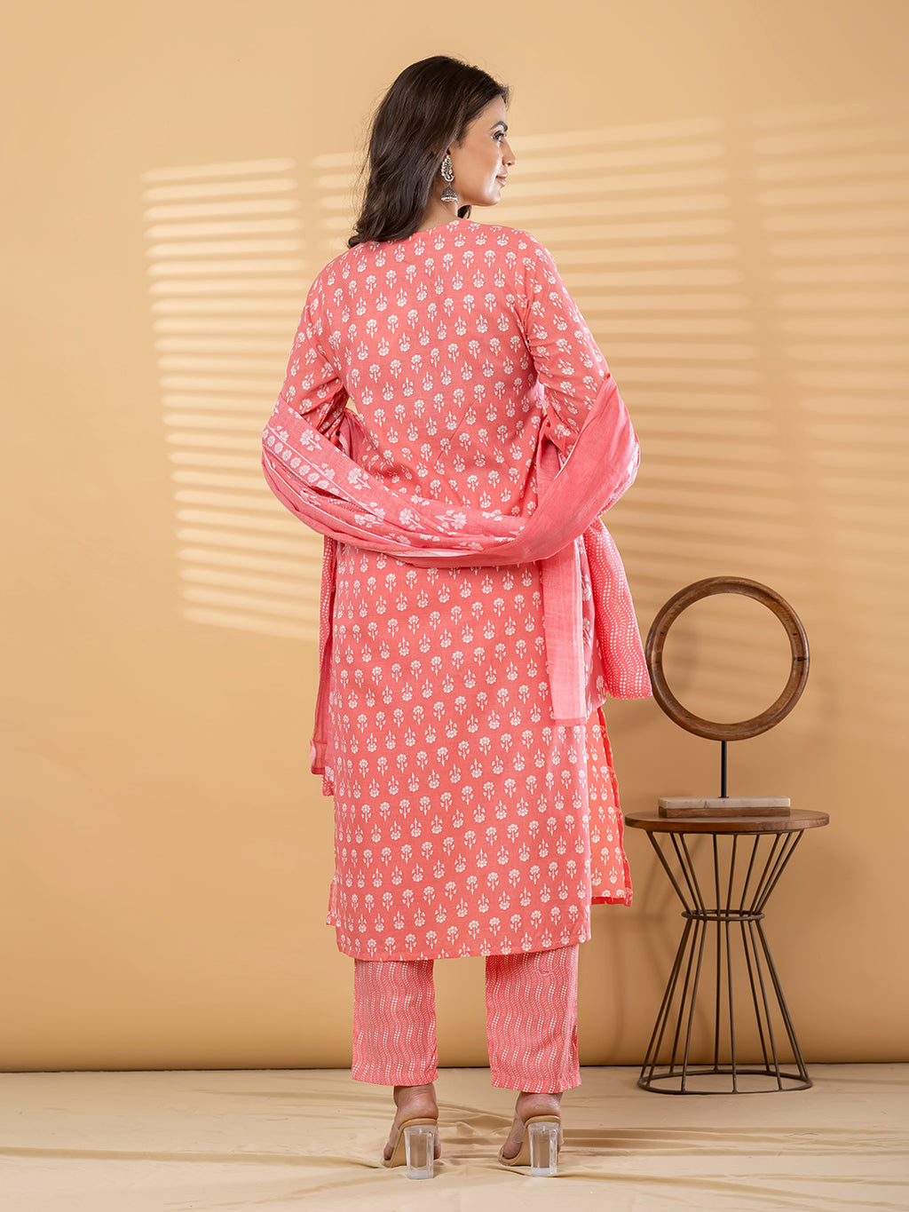 Pure Cotton Coral Pink Floral 3-Piece Kurta Set
