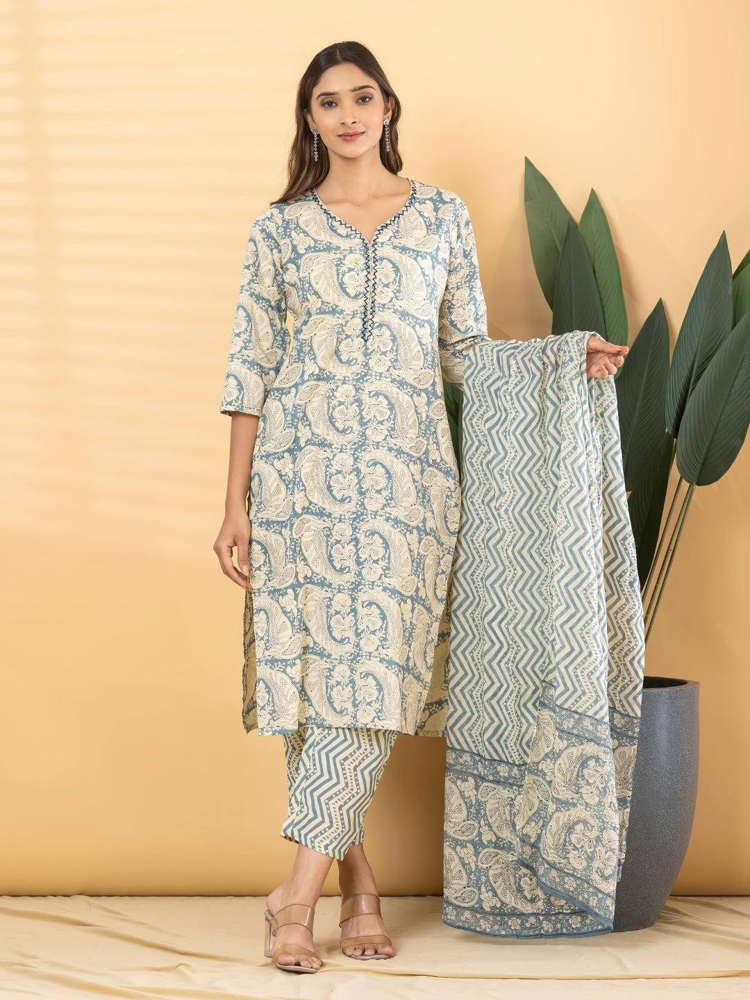 Pure Cotton Cream & Blue Kalamkari 3-Piece Kurti Set