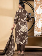 Pure Cotton Coffee & White Floral 3-Piece Kurti Set
