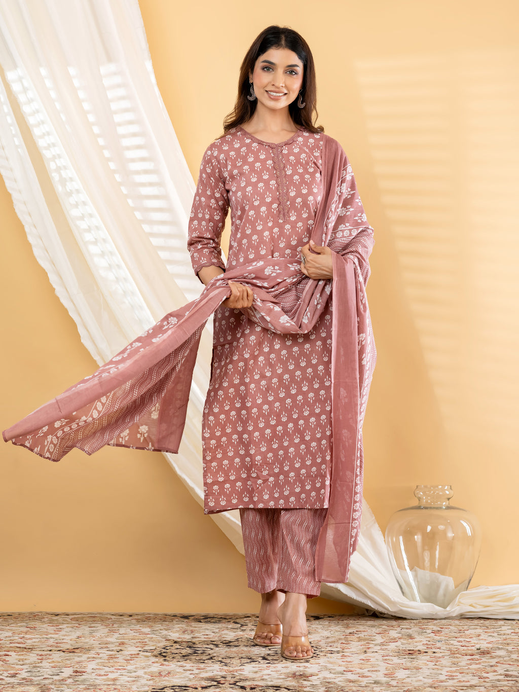 Pure Cotton Dusty Rose Floral 3-Piece Kurti Set with Sitara Lace