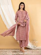 Pure Cotton Dusty Rose Floral 3-Piece Kurti Set with Sitara Lace