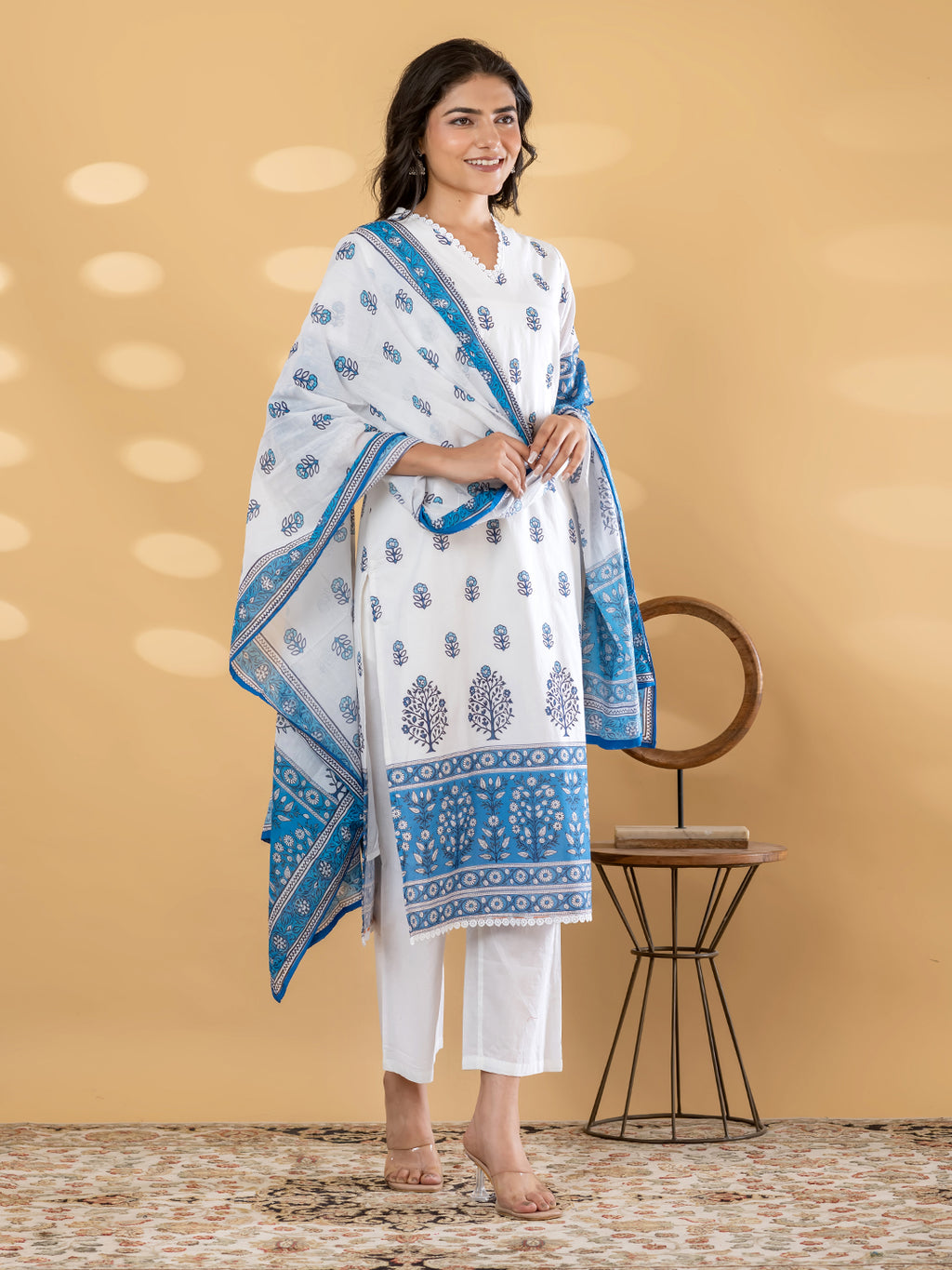 Pure Cotton Blue & White Floral 3-Piece Kurti Set with Palazzo