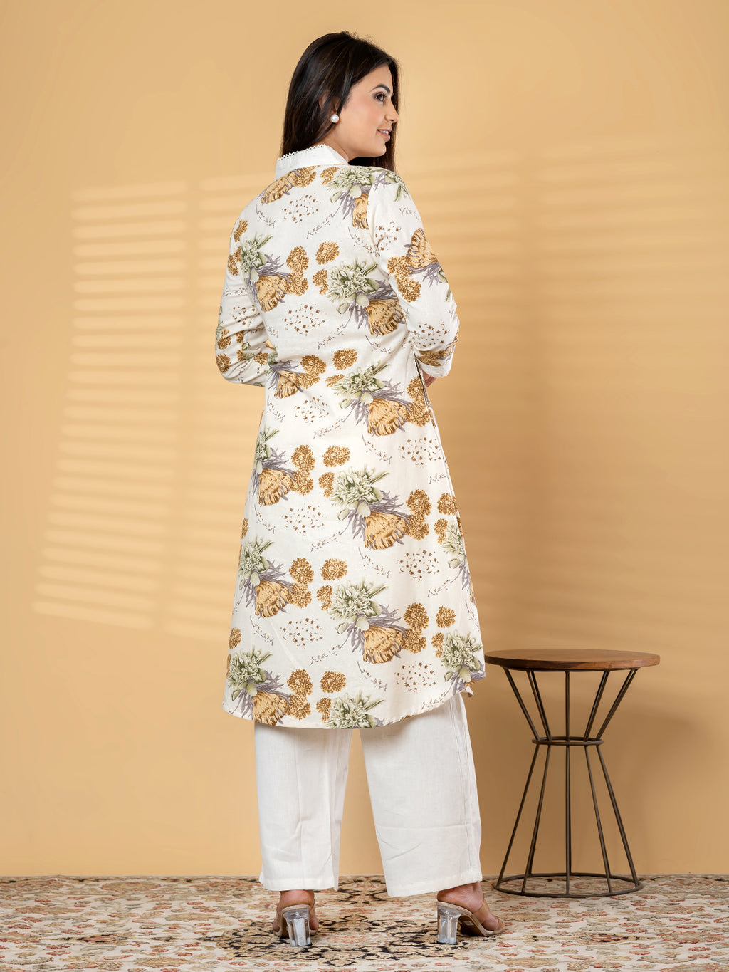 Pure Khadi Cotton Cream Floral A-Line Kurti Set with Mirror Work