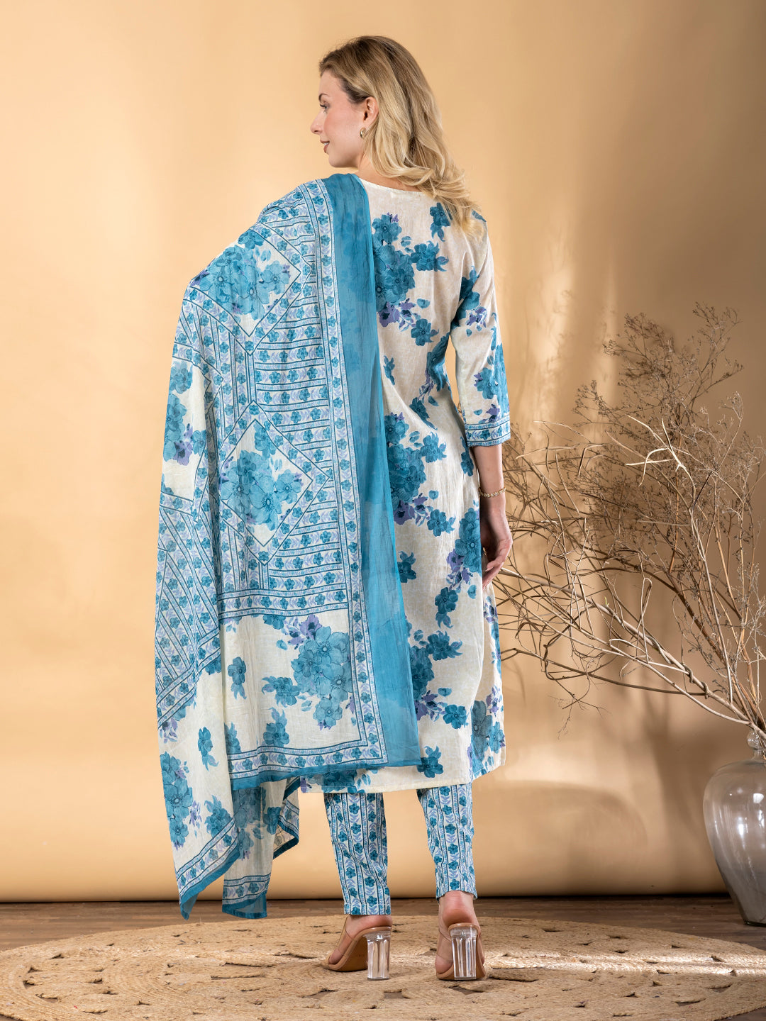 Pure Cotton Blue & White Floral 3-Piece Kurti Set