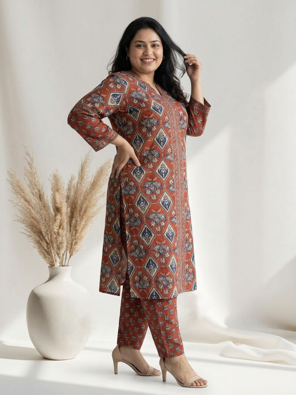 Pure Cotton Rust Brown & Blue Ajrak 3-Piece Kurti Set
