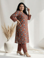 Pure Cotton Rust Brown & Blue Ajrak 3-Piece Kurti Set