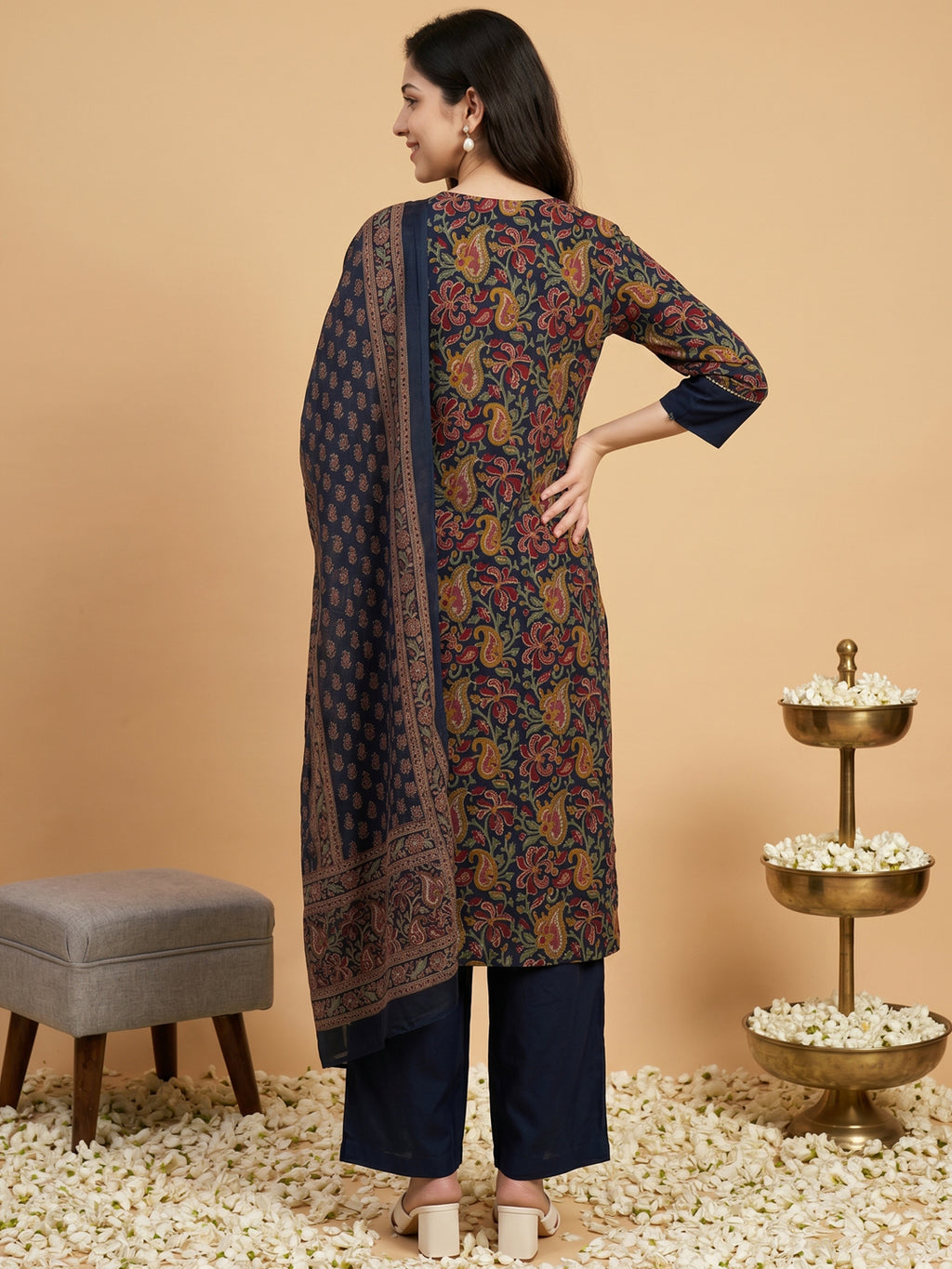 Pure Cotton Navy Blue Kalamkari 3-Piece Kurti Set with Palazzo