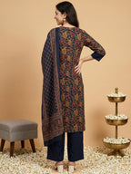 Pure Cotton Navy Blue Kalamkari 3-Piece Kurti Set with Palazzo