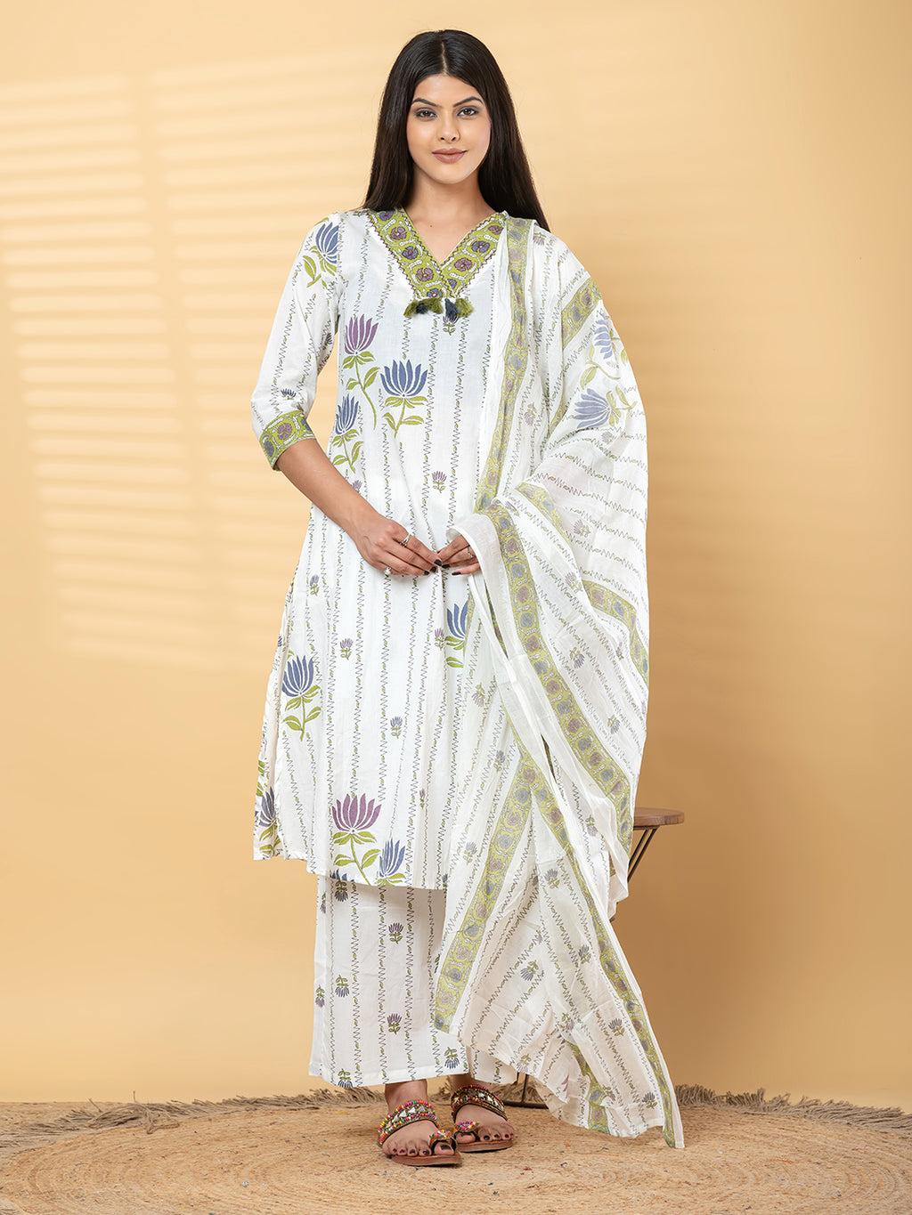 Pure Cotton Cream & Parrot Green Floral 3-Piece Kurta Set