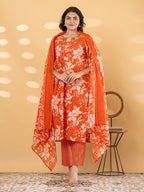 Pure Cotton Burnt Orange Floral 3-Piece Kurti Set