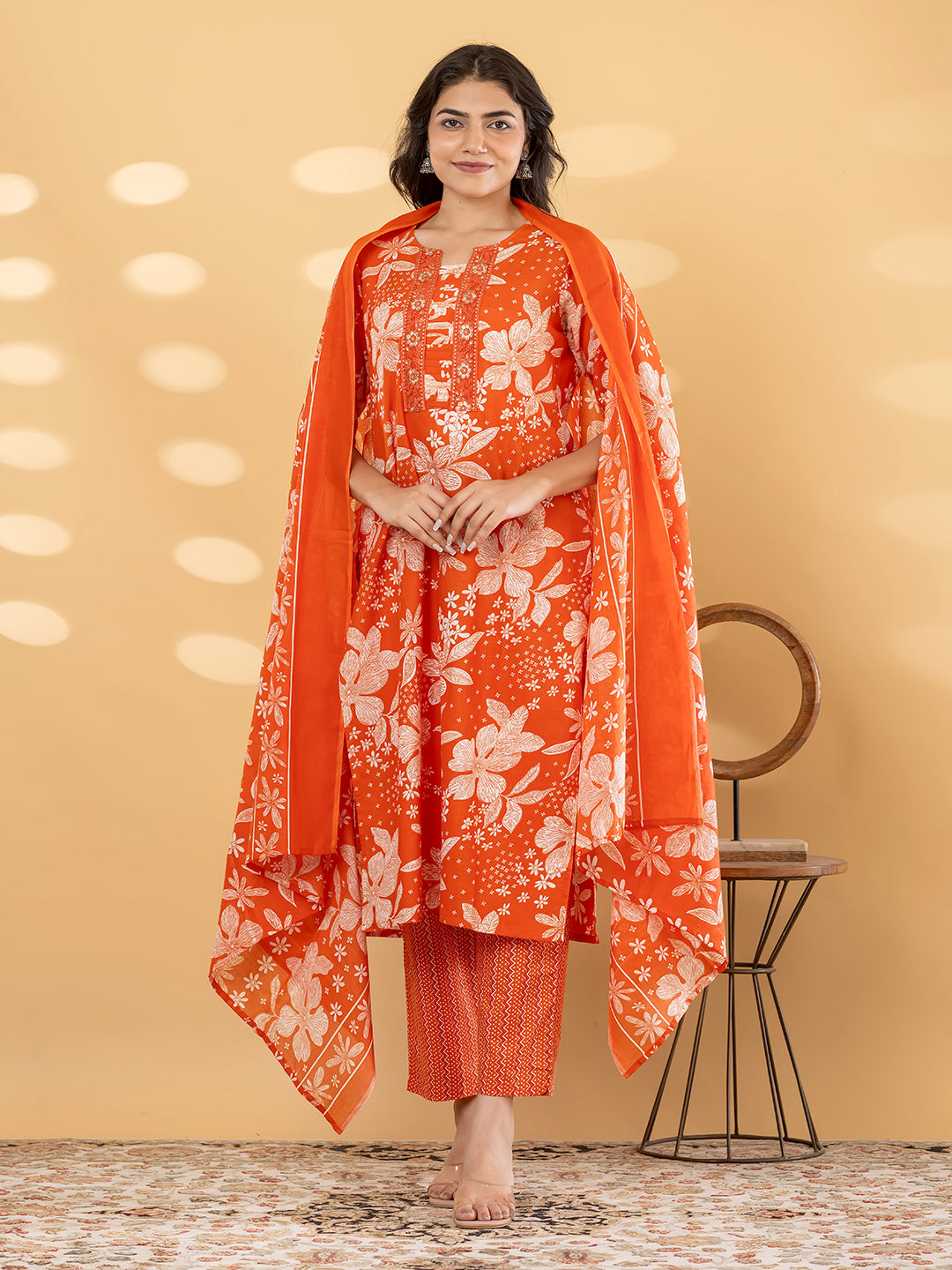 Pure Cotton Burnt Orange Floral 3-Piece Kurti Set