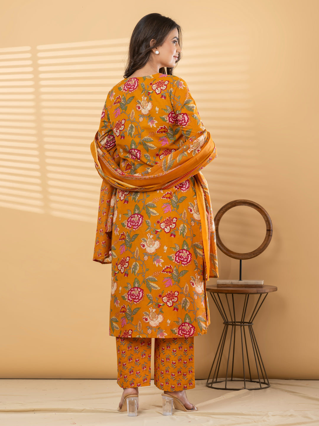 Pure Cotton Mustard Yellow Kalamkari 3-Piece Kurti Set