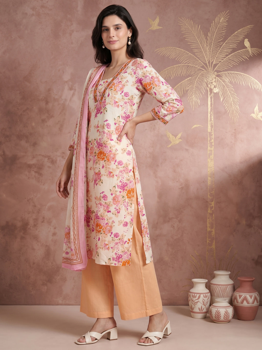 Pure Cotton Cream Floral 3-Piece Kurti Set with Pink & Orange Print