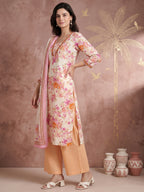 Pure Cotton Cream Floral 3-Piece Kurti Set with Pink & Orange Print