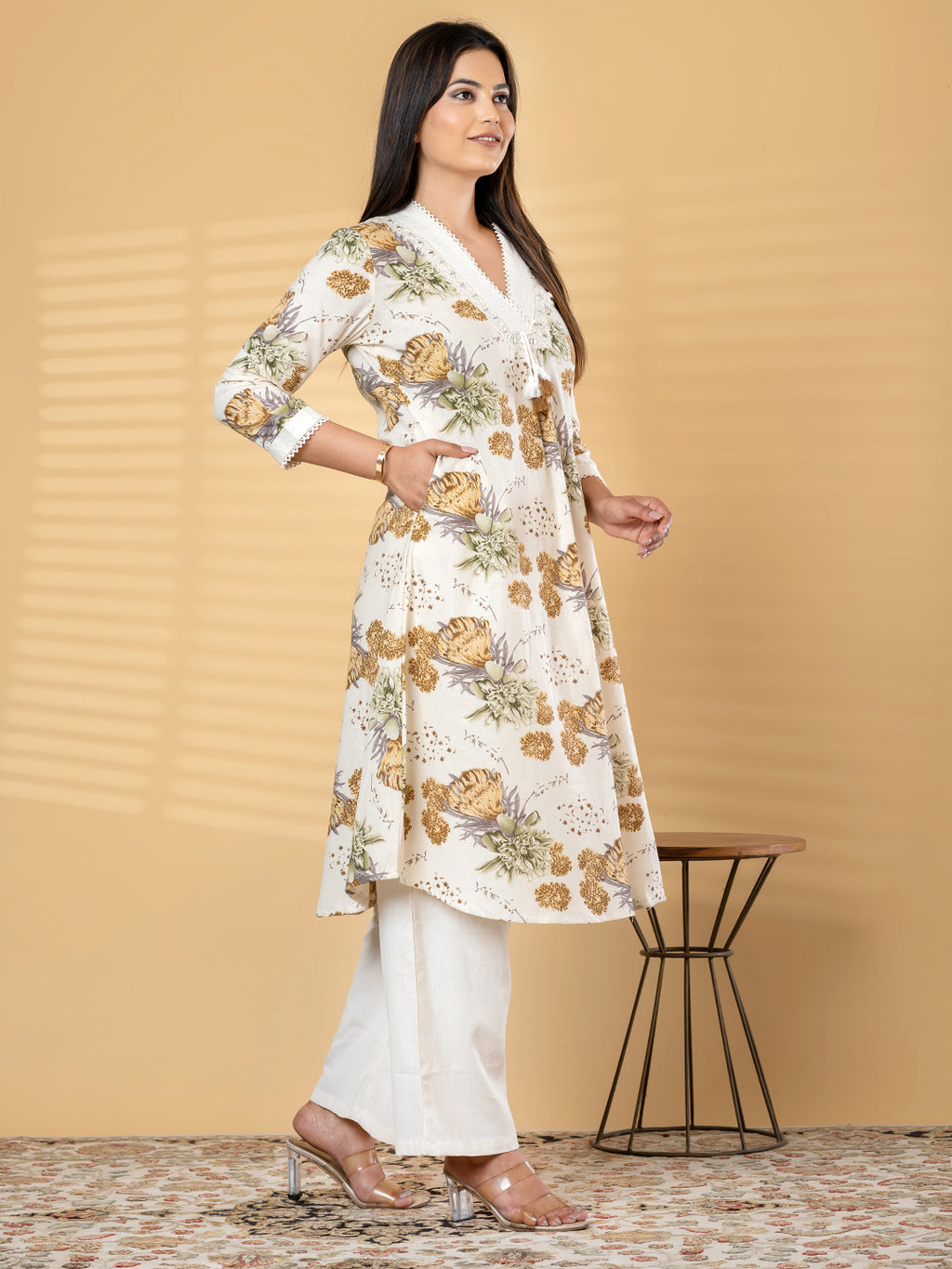 Pure Khadi Cotton Cream Floral A-Line Kurti Set with Mirror Work