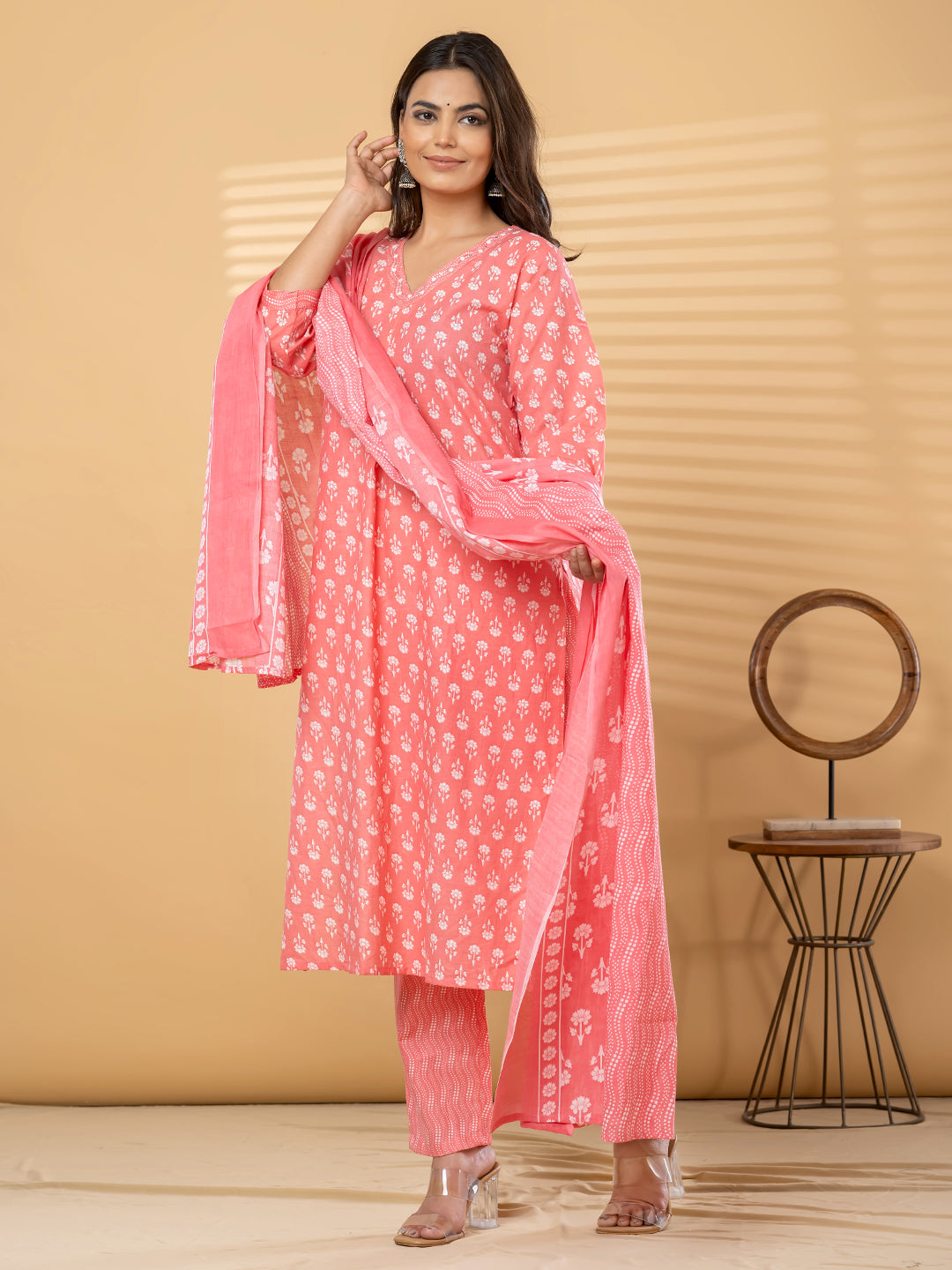Pure Cotton Coral Pink Floral 3-Piece Kurta Set