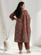 Pure Cotton Rust Brown & Blue Ajrak 3-Piece Kurti Set