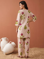 Pure Cotton Cream & Pink Floral 2-Piece Kurta Set