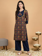 Pure Cotton Navy Blue Kalamkari 3-Piece Kurti Set with Palazzo