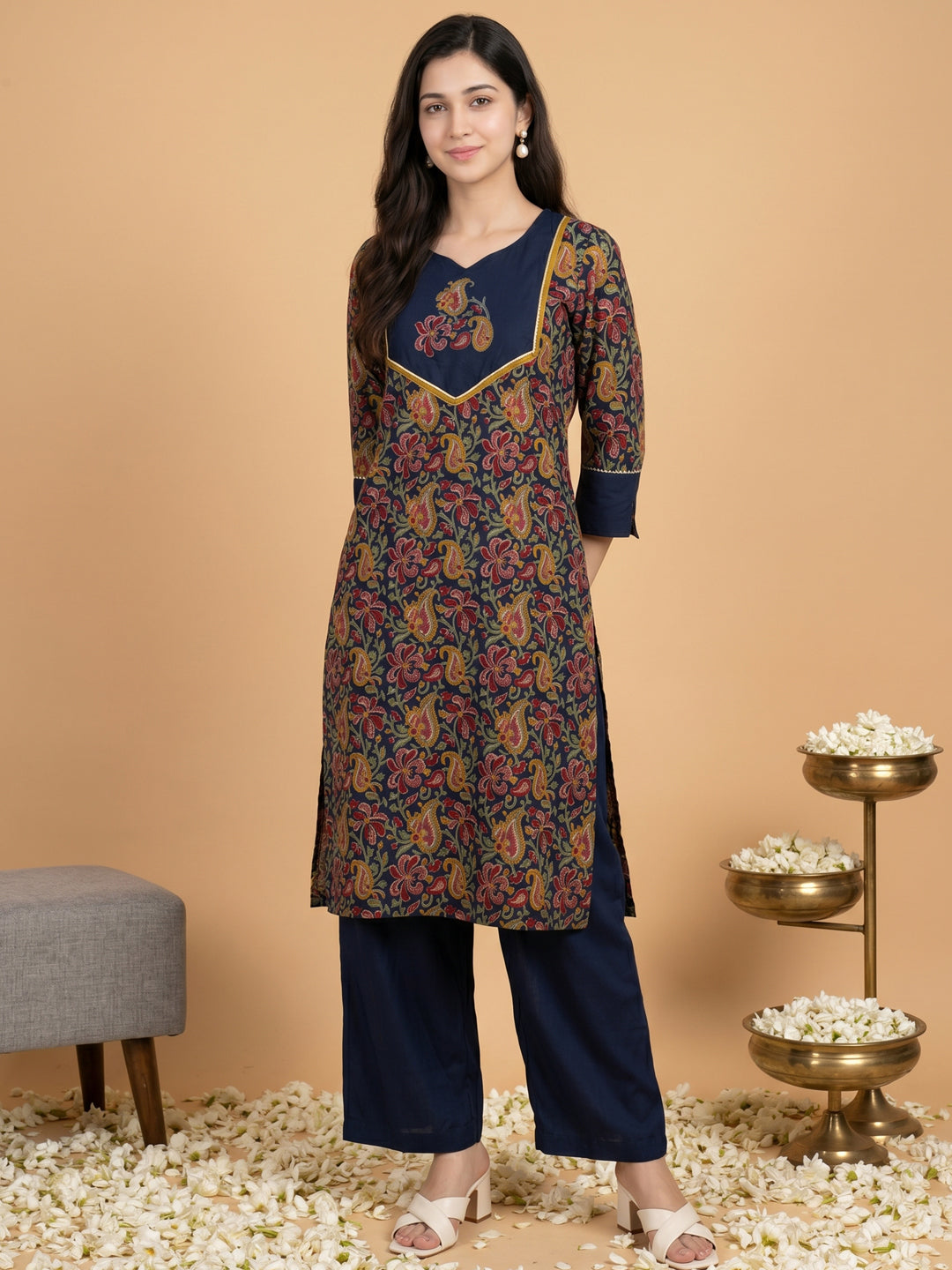 Pure Cotton Navy Blue Kalamkari 3-Piece Kurti Set with Palazzo