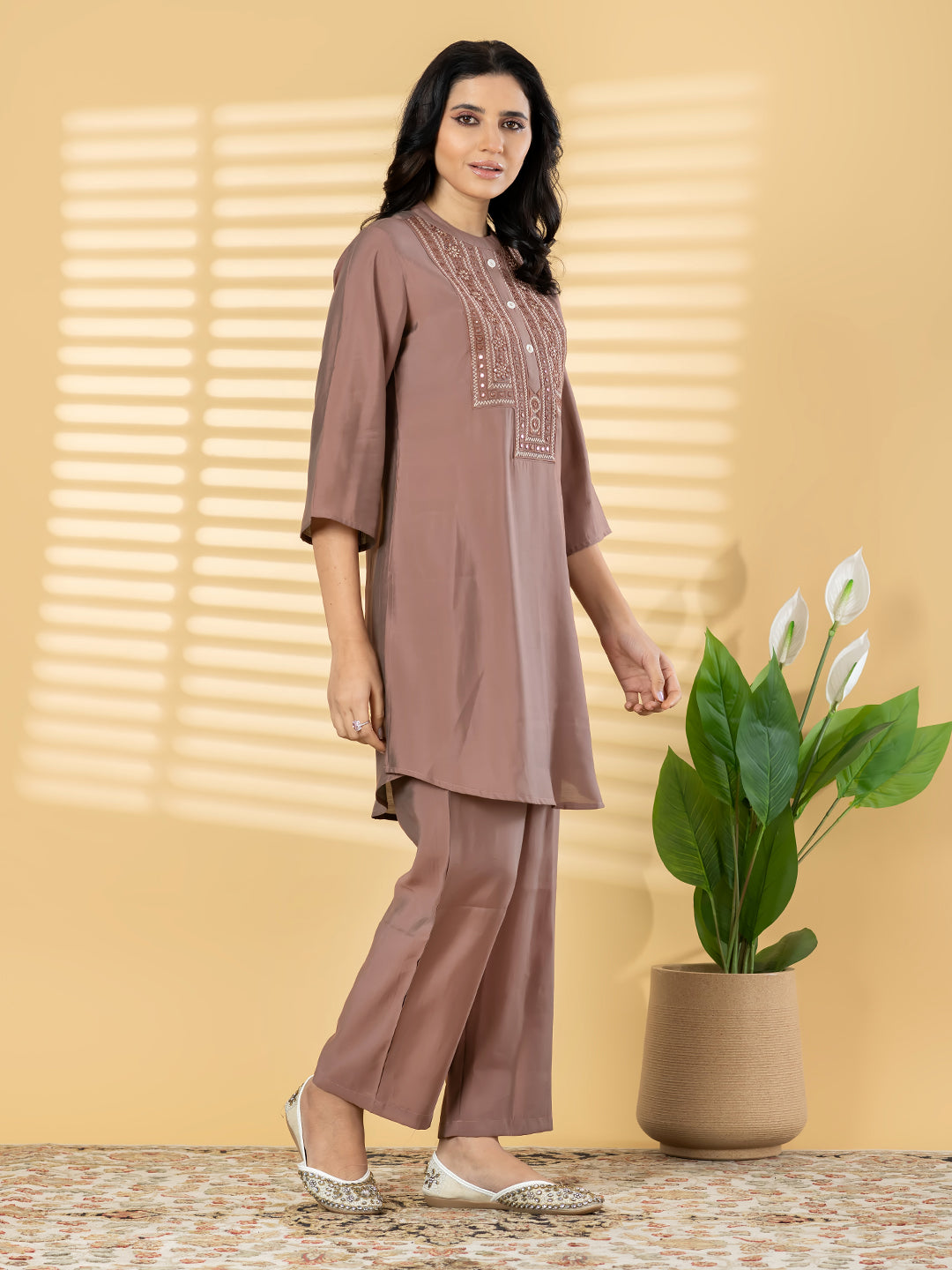 Premium Roman Silk Rose Copper 2-Piece Kurta Pant Set