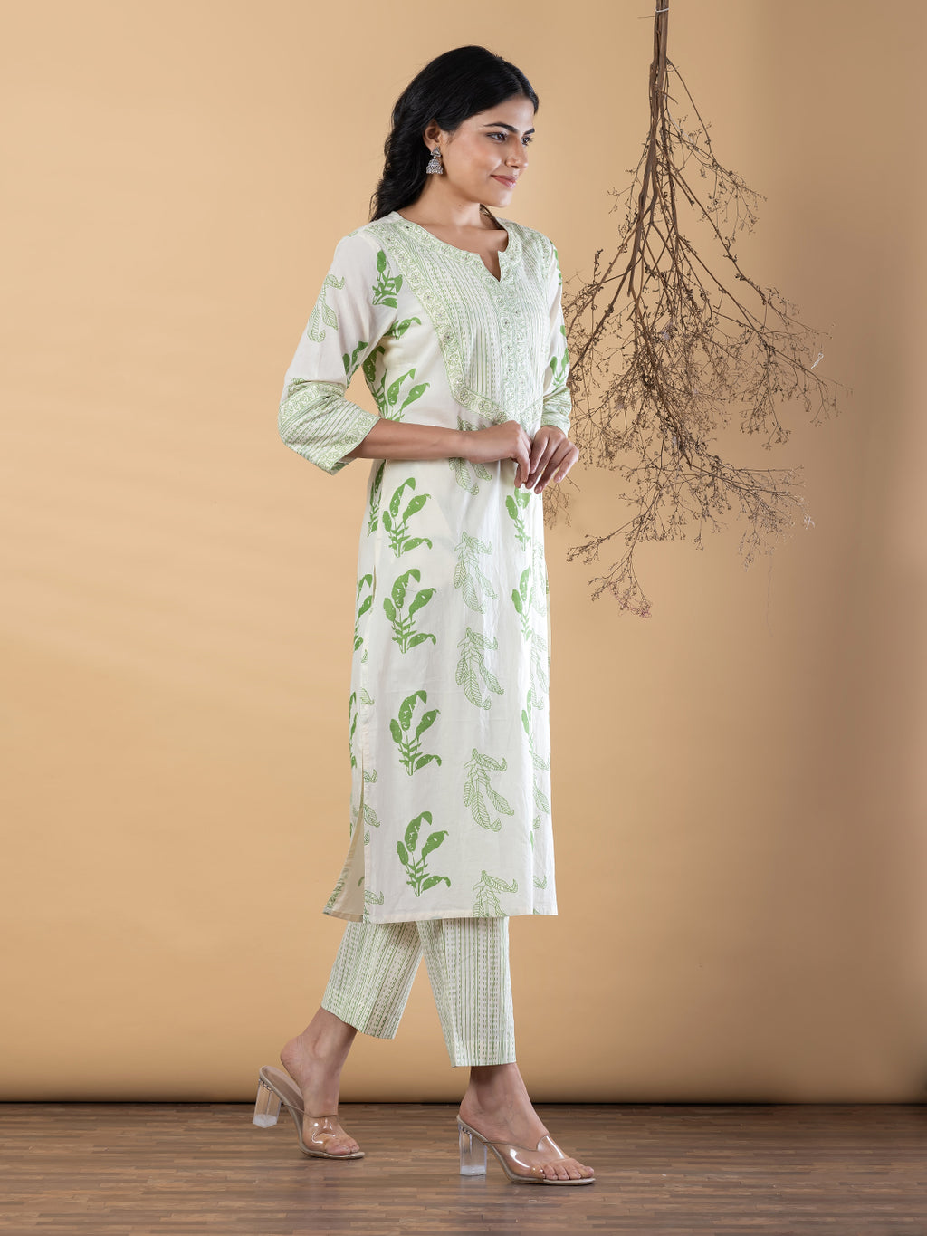 Pure Cotton Leaf Green & Cream 2-Piece Kurta Set